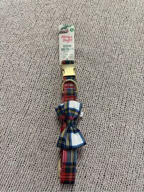 Merry & Bright Large Festive Plaid Dog Collar with Bow - Red/Blue